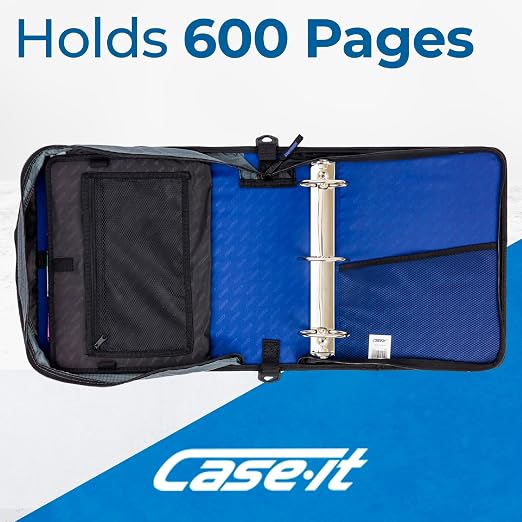 Case-it Mighty Zip Tab School Zipper Binder | 3-Inch O-Rings, 600-Sheet Capacity, 5-Subject Expanding File Folder, Multiple Pockets & Storage Organizer, Shoulder Strap | D-146 Blue