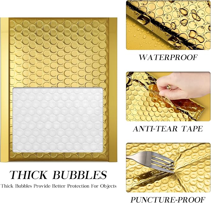 Fuxury Gold Bubble Mailers 6x10 "50 Pack, Strong Adhesion Metallic Bubble Envelopes,Waterproof Padded Envelopes,Durable Padded Mailers,Super Cute Packing for Jewelry, Makeup Supplies,Bulk #0
