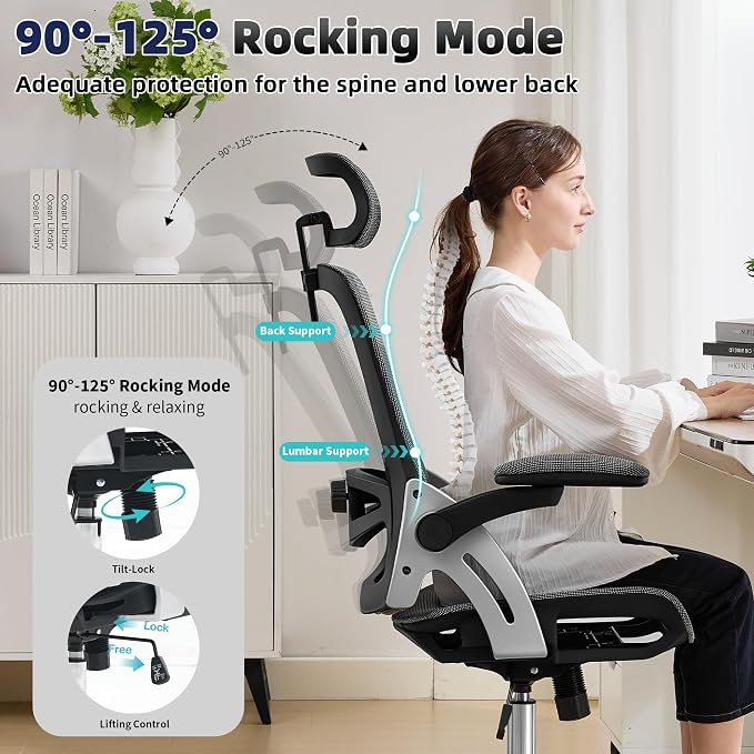 Fizzin Office Chair Mesh Desk Chair with 3D Armrests Computer Chair | Ergonomic Office Chair with Adjustable Lumbar Support and Headrest 125° Tilt and Wide Mesh Cushion High Back Home Desk Chair