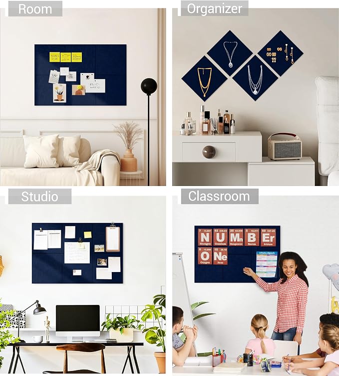 28" x 18" Felt Bulletin Board Tiles 1/2" Thick, Dark Blue | 6 Pack Felt Tiles, Large Cork Board Alternative, 30 Adhesive Tabs, Pin Board for Home Office Decor with Easy Install