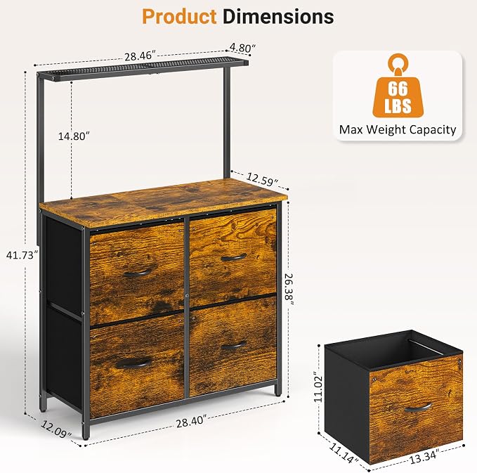 ThreeHio 4 Drawer File Cabinet, Lateral Filing Cabinets for Home Office, Large Printer Stand with Open Storage Shelf, Office Storage File Organizer Fit Hanging Letter/A4 Size Folders, Rustic Brown