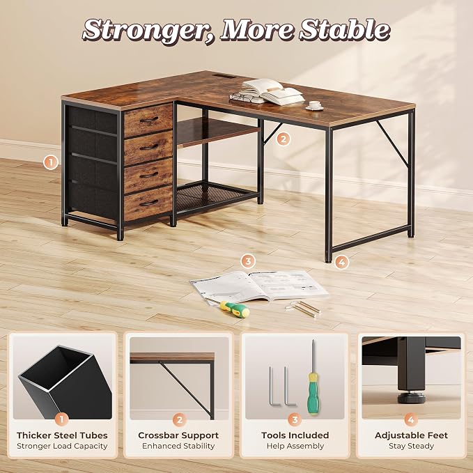 43.3" Small L Shaped Desk with Power Outlets & 4 Drawers | Reversible Computer Desk with 2 Storage Shelves, Corner Office Desk for Gaming Writing Work Study, Rustic Brown