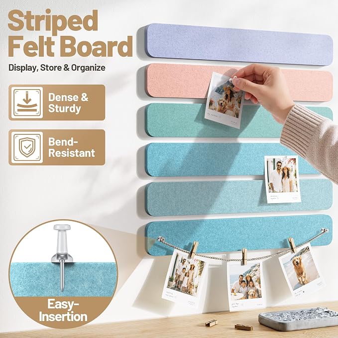 10 Pack 13"x2" Cork Board Strip with Removable Adhesive Squares & Push Pins | Pin Board Alternative Felt Strip Bulletin Board, Felt Board for Photo & Note Display, Home Office Decor - Pastel Breeze