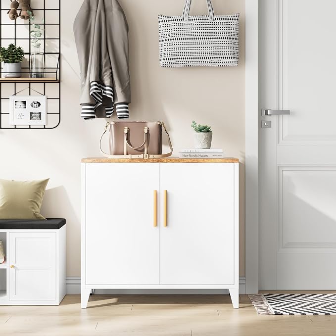 Metal Storage Cabinet with 2 Doors and Shelves 16" Dx 32" Wx30 H,Small Buffet Sideboard Short Cabinet for Kitchen Dining,Office Credenza Locker Modern Coffee Bar,Entryway Bathroom(White)