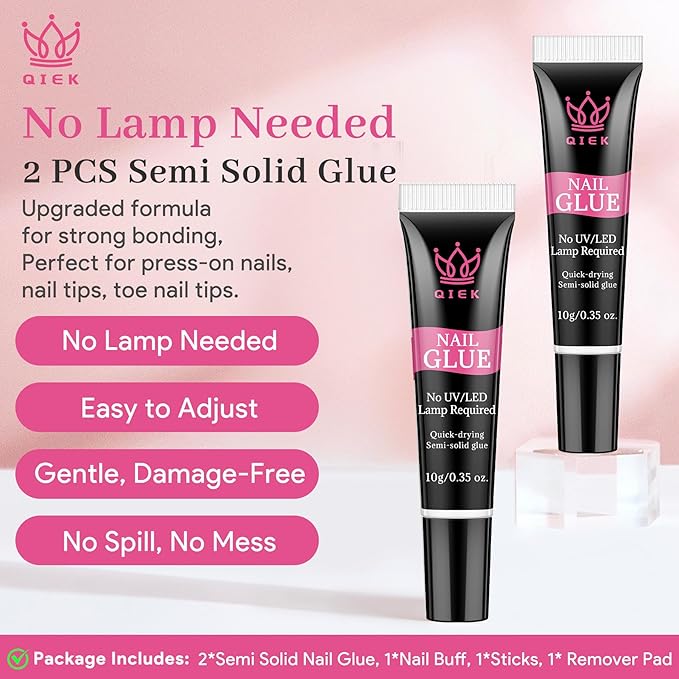 Nail Glue for Press Ons, 10g*2 Super Strong Bond Semi Solid Glue On Nails, 10s Quick Dry No Curing Needed, High Capacity Press on Semi-Solid Gel Long Lasting 28+ Days Easy to Remove for Beginners