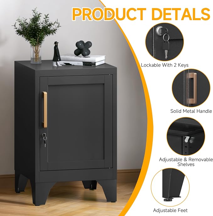 23.6" H Metal Locker Nightstand Set of 2,Black Locking Night Stand with Door and Adjustable Shelf, Small Side Table with Detachable Legs for Home Office,Living Room or Bedroom,Easy Assembly