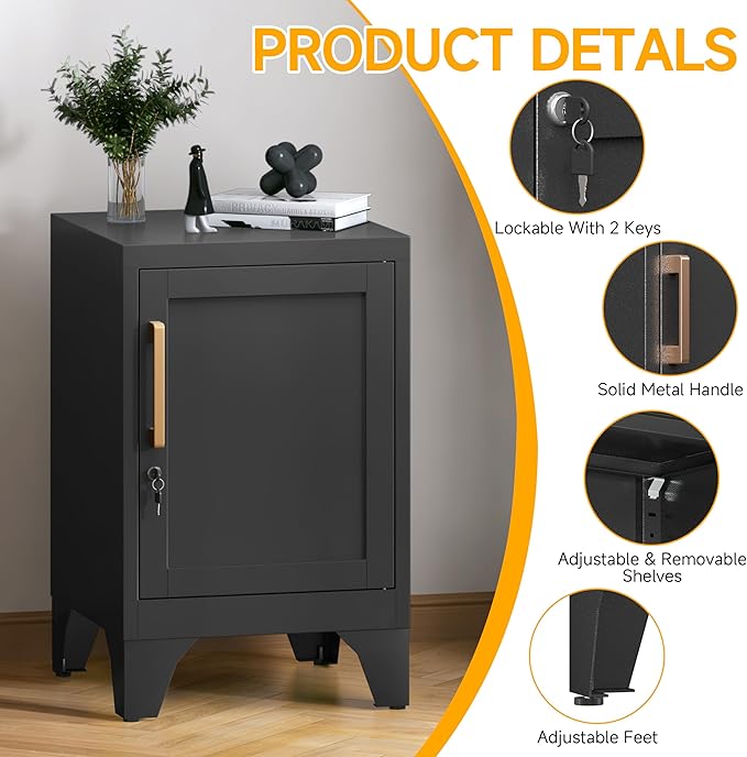 23.6"H Black Metal Locker Nightstand with 1 Lockable Door and 1 Adjustable Shelf, Small Storage Cabinet with Detachable Legs and Vintage Handle for Home Office,Living Room or Bedroom,Easy Assembly