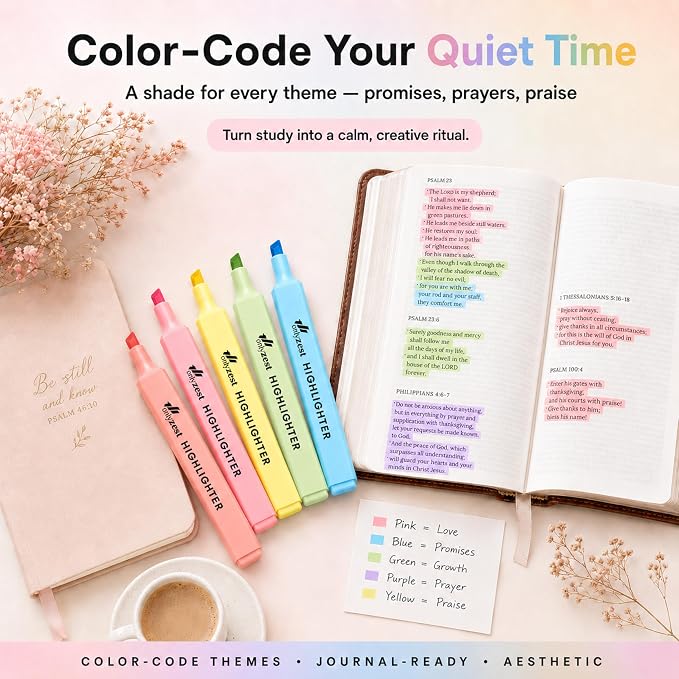 10 Aesthetic Bible Highlighters - Chisel Tip Liquid Ink Marker | Pen with Snap Caps for Clean Highlighting - Assorted Colors, No Bleed & Quick Dry - Bible Marker for Journaling & Studying