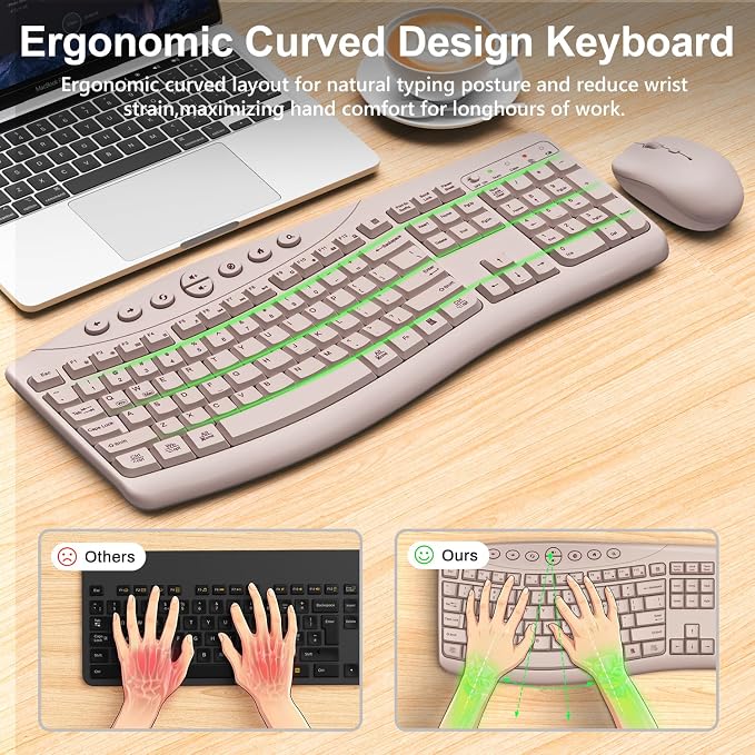 Wireless Keyboard and Mouse Combo, 2.4G Quiet Ergonomic Curved Keys(Pink)
