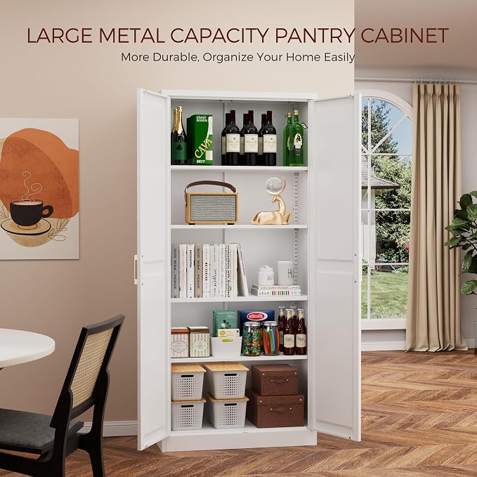 71" Tall Metal Kitchen Pantry Cabinet, Storage Cabinet with Doors | Kitchen Cabinet with 4 Adjustable Shelves, Food Pantry Cabinet, Cupboard for Kitchen,Dining Room, Living Room, Office, School