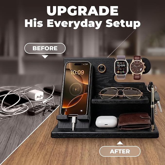 TESLYAR Wood Phone Docking Station for Men - Desk or Nightstand Organizer - Birthday Gifts for Husband, Dad - Anniversary Idea from Wife - Key Holder, Stand Wallet, Watch & Essentials (Granite Black) | Solid Ash Nightstand Organizer with Key Holder, Wa...