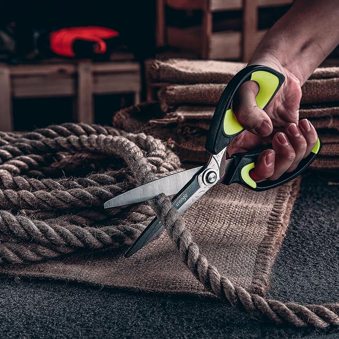 LIVINGO 10" Heavy Duty Multipurpose Shears for Shop & Garden (Green/Black) | Forged Stainless Steel With Titanium Coating Cuts Fabric, Cardboard, Pruning Branches, Household Materials, Rust-resistant