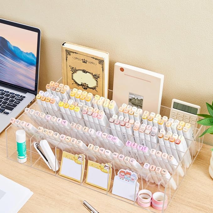 MotiMind Acrylic Pen Organizer Storage for 350 Markers Vertical Marker Organizer Acrylic Pen Display Holder for Office Desk Desktop Stationery Pencil Storage, Clear, 18 x 4 x 12.4 Inch