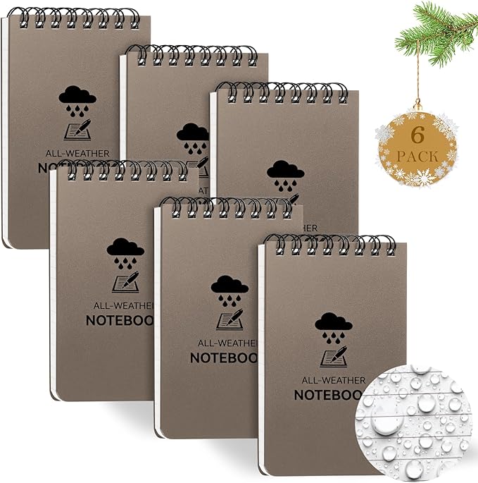 6 Pack Waterproof Notebook, 3 x 5 Pocket Notepad, Top-Spiral Weatherproof NotePad, All Weather Police Pocket Notebook Little Memo Steno Note Pads for Outdoor Office School Recording, Brown