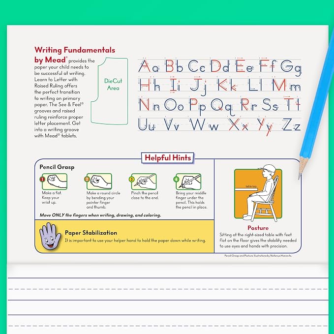 Mead Learn to Letter Writing Tablet, Handwriting Practice Pad Grades PK-1, 10" x 8", Solid & Dotted Raised Ruling, 40 Sheets, 4 Pack (480018)