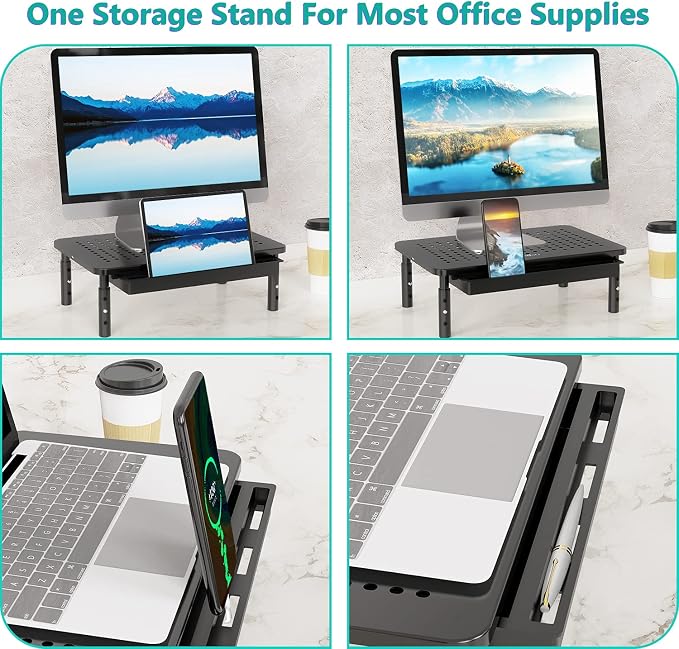 WALI Computer Monitor Stand with Storage, Desk Monitor Riser 3 Height Adjustable, Laptop Riser with Airflow Vents, Desk Organizer for Computer, Laptop, Printer, Notebook (STT003D-B), 1 Pack, Black | 3 Height Adjustable Laptop Monitor Riser with Airflow...