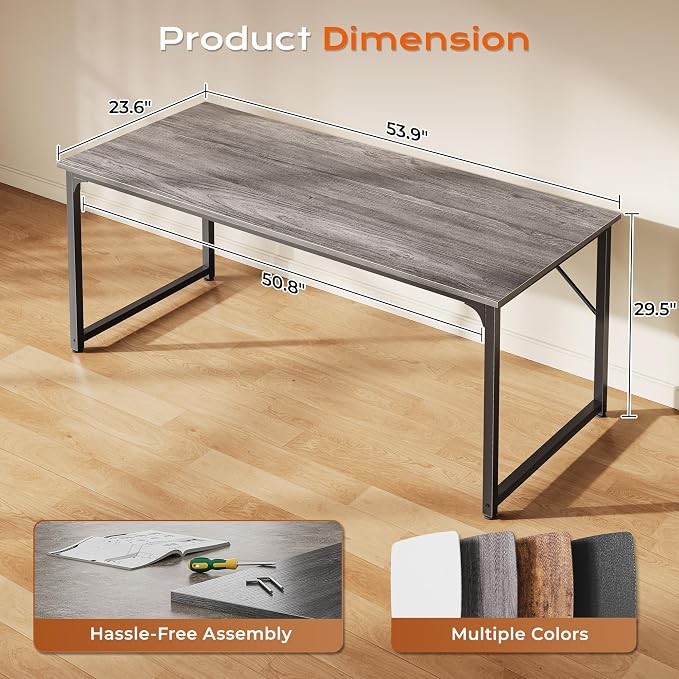 55 X 24 Inch Computer Desk with Deeper Desktop, Gaming Office Writing Work Desk for Home Office, Study, Bedroom, Work from Home, Metal Frame, Grey