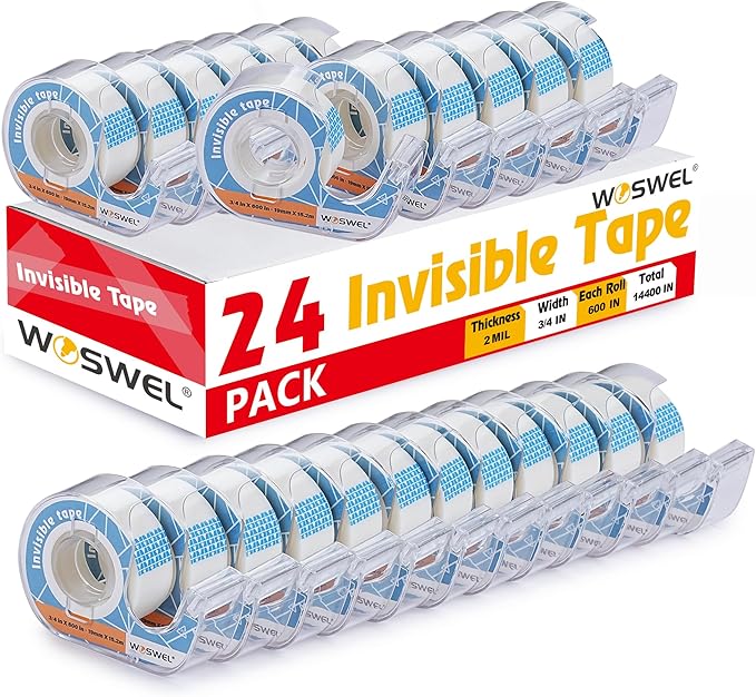 Tape Refills with Dispenser, 24 Roll Invisible Tapes, 3/4 Inch X 600 in, Gift Wrapping Tapes Supplier for Home School Office Use