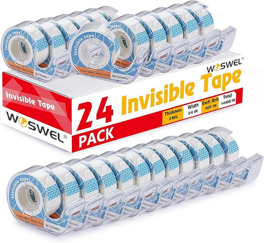 Tape Refills with Dispenser, 24 Roll Invisible Tapes, 3/4 Inch X 600 in, Gift Wrapping Tapes Supplier for Home School Office Use