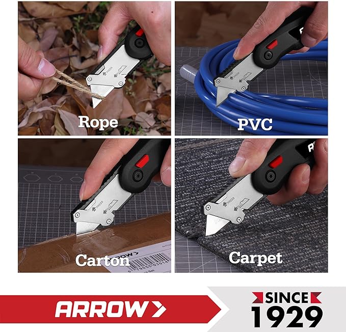 ARROW Utility Knife, Speed Release Folding Knife with Blade Storage Design, Quick Change Box Cutter with Belt Clip and Landyard Hole, Extra 13 Pieces SK2 Blades Included