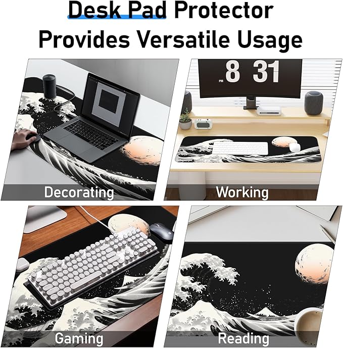 Gaming Mouse Pad, Japanese Mouse Pad, Non-Slip Rubber Base, for Laptop, Office and Home, 31.5x11.8 Inch Desktop Waterproof Desk Pad, Ocean Wave Anime Black Gaming