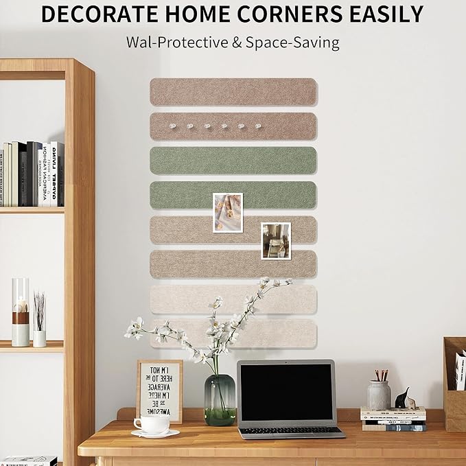 Small Cork Board Strip for Office, 1/2'' Corkboard Strips for Walls | Self Adhesive, Peel and Stick, Frameless, Renter Friendly, Removable, Wall Decor, 1700g/m² Dense Felt, 12*2'', 8Pcs, 50 Pins