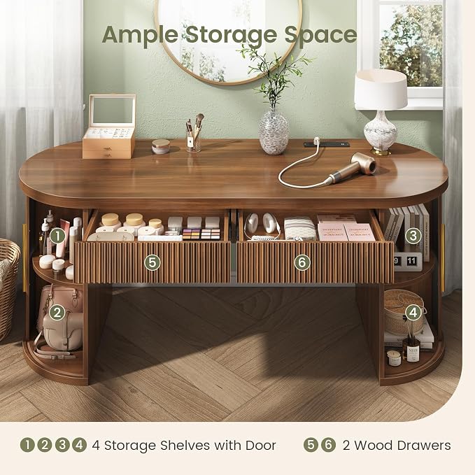 SEDETA 58.3" x 21.7" Fluted Office Executive Desk with 2 Drawers Storage | Brown Long Computer Desk with 2 Sliding Doors Shelves and Power Strip, Wood Curve Desk for Work, Writing, Study