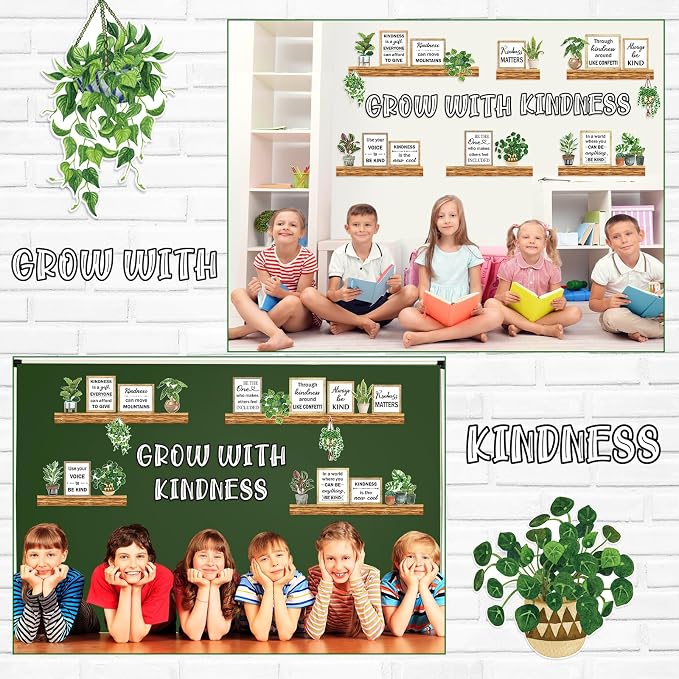 Qilery Bookshelf Bulletin Board Set Motivational Classroom Decor | Reading Library Bulletin Board Set Inspirational Cutout for Back to School Classroom Decoration(Grow with Kindness)