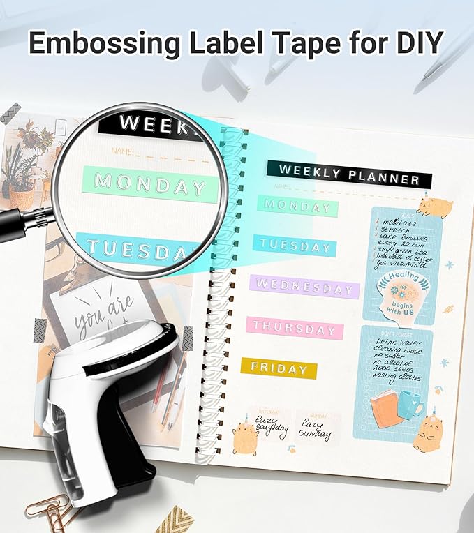 Embossing Label Maker Machine with Tapes, Vintage Embossed Label Maker Manual, Retro 3D Black Emboss Labeler with 10 Rolls 9mm Color Embossing Label Tapes for Home Scrapbooking Supplies, DIY Craft