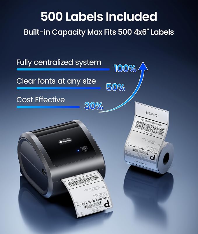 Phomemo 300DPI 4x6 Thermal Shipping Label Printer with 500 Labels | Ethernet Bluetooth & USB connection, Thermal Printer for Small Business, Compatible with iOS Android Windows Mac USPS UPS
