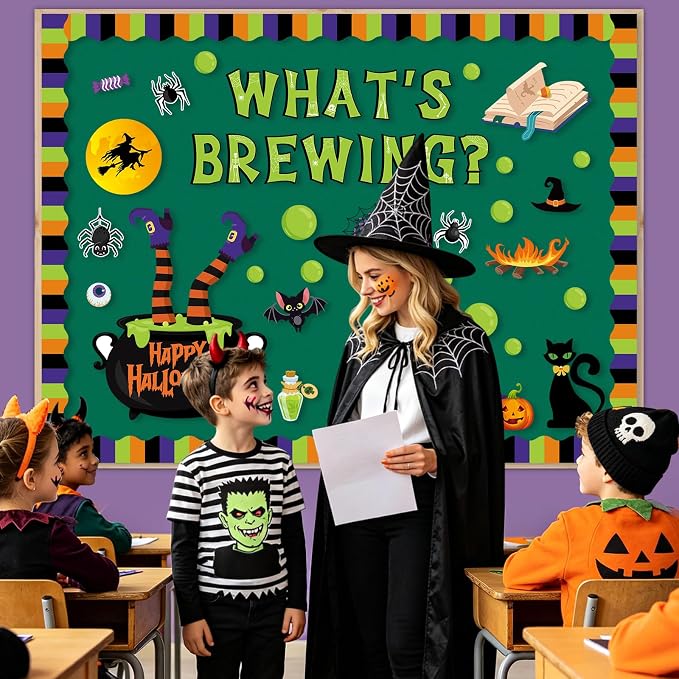 79Pcs Halloween Bulletin Board Decorations Set, What's Brewing Halloween Theme Classroom Decor, Witch Spider Bat Boo Ghost Pumpkin Paper Cutouts for School Office Door Wall Decor