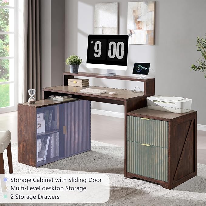 67" Modern Desk with Storage Cabinet & 2 Drawers, Built‑in Outlet | L Shaped Desk with Storage, Wood Home Office Desk, storage cabinet with sliding doors, Dark Walnut