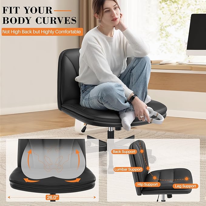 FelixKing Criss Cross Chair with Wheels, Cross Legged Office Chair, Armless Wide Vanity Desk Chair with Comfty PU Leather & Back - Swivel Height Ajustable for Home Office Bedroom, Black