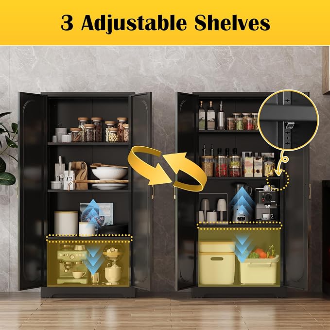 Steeloong 60"Metal Pantry Storage Cabinet with Doors & 3 Adjustable Shelves | Kitchen Pantry Cabinet,Black Kitchen Cabinet with 2 Gold Handles,Tall Cabinet for Livingroom,Pantry, Bathroom,Kitchen