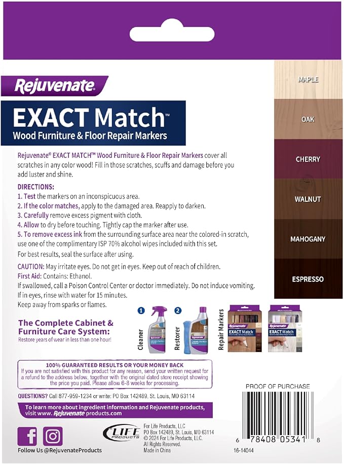 Rejuvenate Exact Match Wood Furniture & Floor Repair Markers, 6 Count, Brown Markers Cover All Scratches, Scuffs And Damage To Wood Furniture And Flooring | Covers Scratches & Scuffs on Furniture & Flooring, Colors: Maple, Oak, Cherry, Walnut, Mahogany...