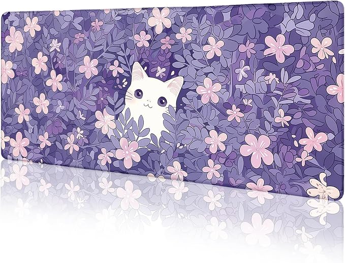 LIMKRIAN Cat Purple Mouse Pad Large Desk Mat 31.5x11.8 in | Large Mouse Pad, Stitched Edges, Non-Slip, Kawaii Desk Mat for Keyboard Mouse, Cute Office Desk Accessories Decor for Women