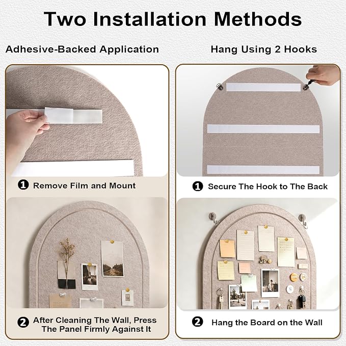 Arched Felt Bulletin Board, Sized 24" x 18" Cork Board Alternative Grooved Edge Foldable for Office & Wall, Foldable Picture Self-Adhesive Boards with Pins Hooks for Photo Display School Home, Camel