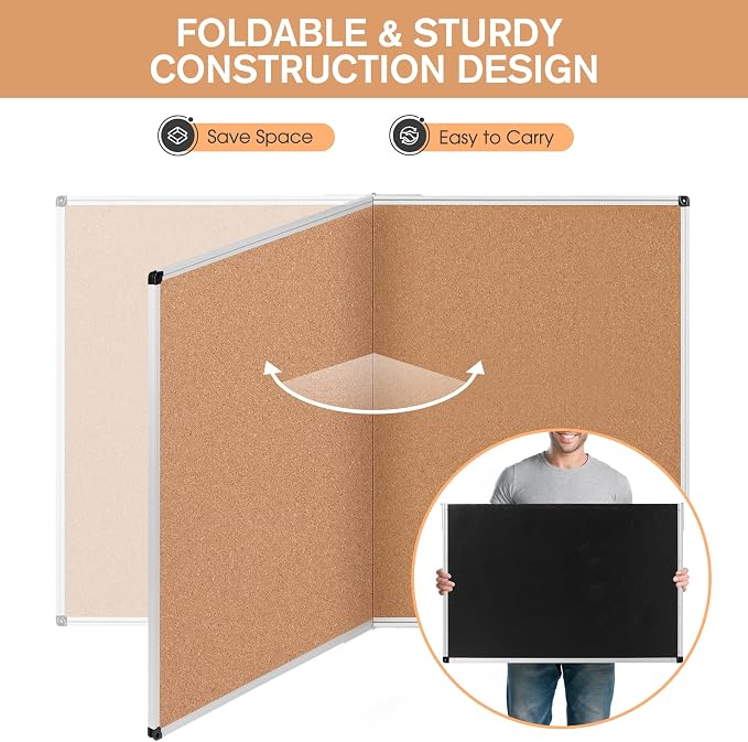 Extra Large Cork Bulletin Board 60" X 48", Foldable Notice Pin Board for Wall, Silver Aluminum Framed 5'x4' Corkboard, Wall Mounted Noticeboard with 36 Push Pins for School, Home & Office
