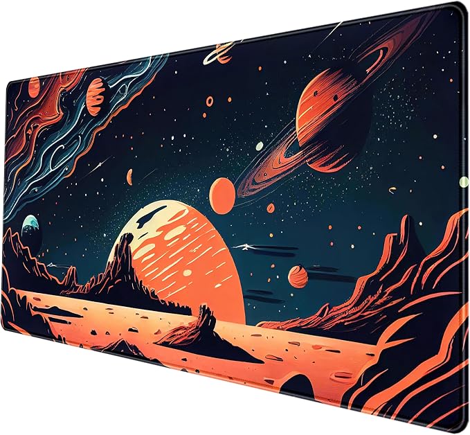 Painted Planets Desk Mat Outer Space Desk Pad, Orange Black Gaming Mouse Pad, Large Keyboard Mouse Mat Work Game, Deskmat with Stitched Edges XXL, Fun Office Decor Desk Accessories 31.5"x15.75"