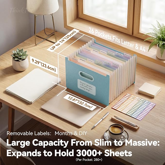ThinkTex 12-Pocket Accordion File Organizer, Upright Open Top, Letter/A4 | Large Capacity Wheat Straw File Folders, File Organizer for Taxes, Bills, Medical Records, School, Office-Sky Blue