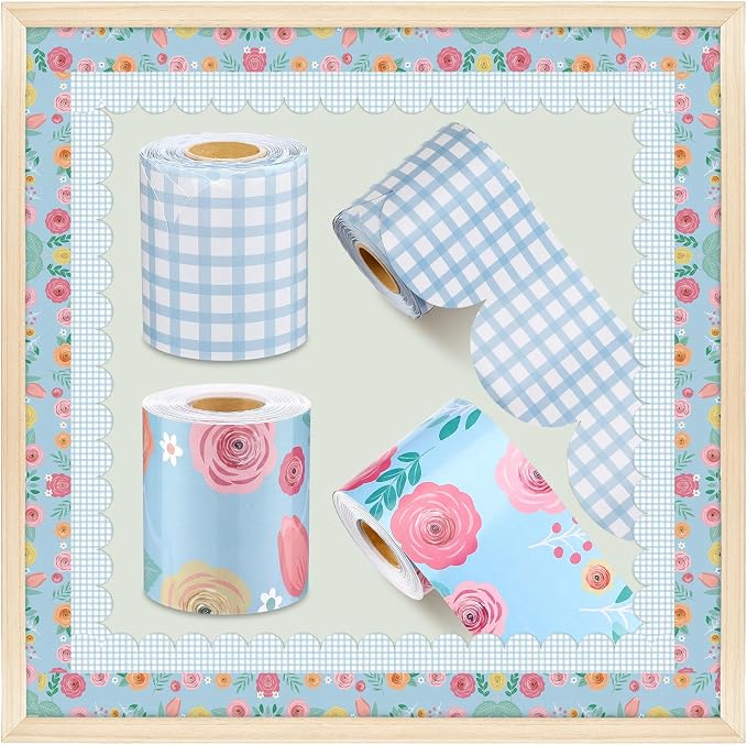Gilprop 100 ft Back to School Bulletin Board Border Wildflower Blue Gingham | Pastel Classroom Decorations, Floral Checkered Scalloped, Preschool Kindergarten Office Teacher Supply, Wall Decor