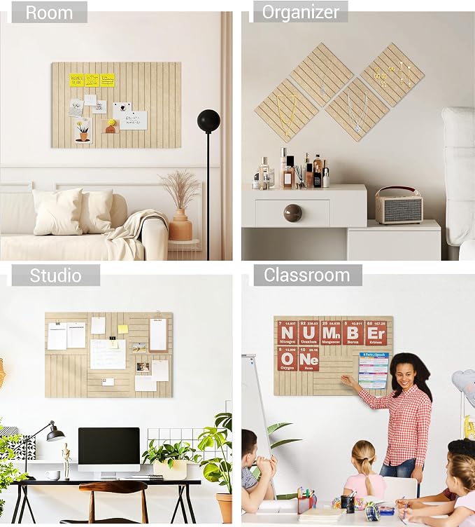 28" x 18" Felt Bulletin Board Tiles 1/2" Thick, Tan | 6 Pack Felt Tiles, Large Cork Board Alternative, 30 Adhesive Tabs, Pin Board for Home Office Decor with Easy Install
