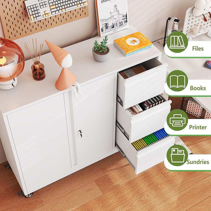 Mobile Large Lateral File Cabinet 3-Drawer,Home Office Rolling Filing Storage Cabinets with Lock & Wheels,Metal Printer Stand Office Storage A4,Letter Legal File Folders