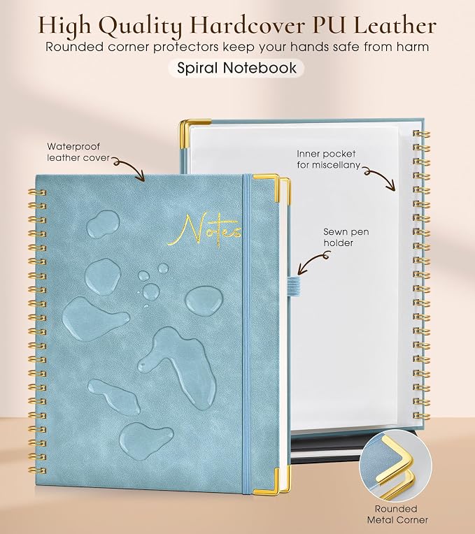 Hardcover Spiral Notebook Journal 8.5” x 11”, A4 Large Leather Notebooks for Women Men, Lined College Ruled Notebook, 100 GSM Paper, Spiral Bound Journals for Work School Note Taking Business, Blue