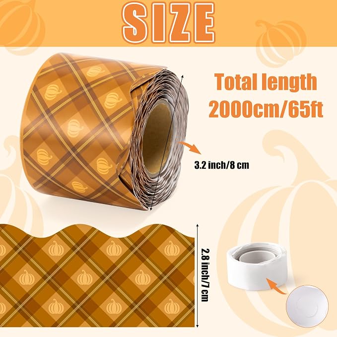 BeYumi Fall Plaid Border Trim - 65ft Pumpkin Rolled Border Classroom Decor | Thanksgiving Autumn Pumpkin Brown Bulletin Board Border Set Office School Chalkboard Kindergarten Classroom Wall Party Decor