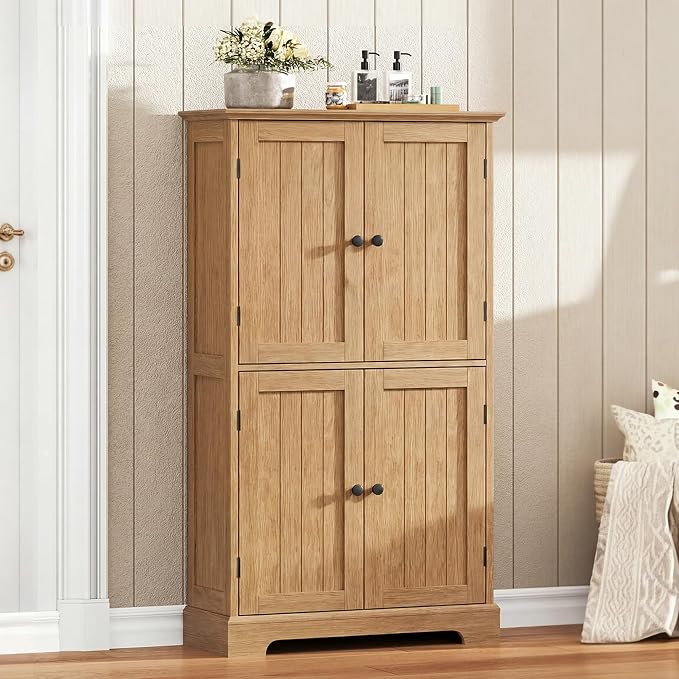 ChooChoo Bathroom Floor Cabinet with Adjustable Shelves | Bathroom Storage Cabinet, 4 Doors, Freestanding Cupboard for Living Room, Natural