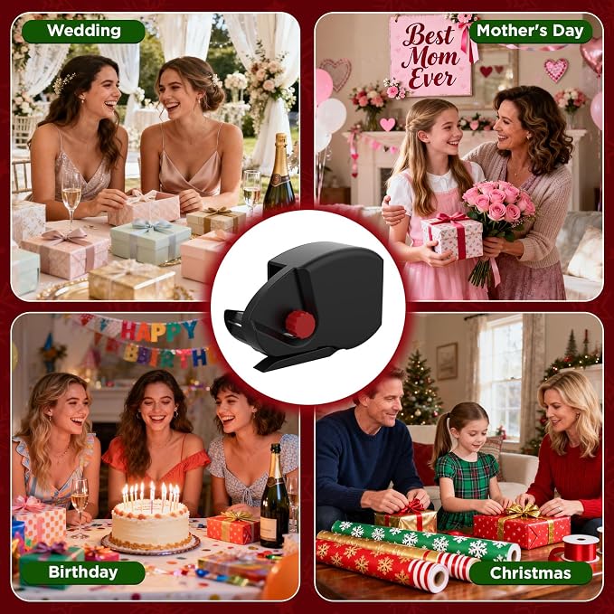 1-Pack Wrapping Paper Cutter and Tape Dispenser with 1 Tapes & 6 Blades - Fast & Safe Straight Line Cutting Tool for Gift Wrapping, Fits All Wrapping Paper Rolls (Black)