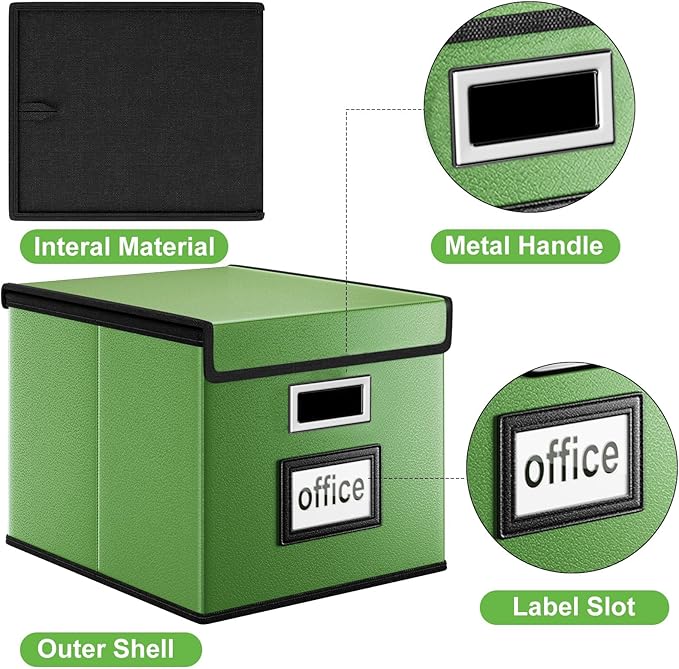 File Organizer Box with Lids, Collapsible File Folder Organizer | File Box with Plastic Slides for Document, Filing Bin for Letter Size Hanging File Folders (1 Pack, Green, Leather)