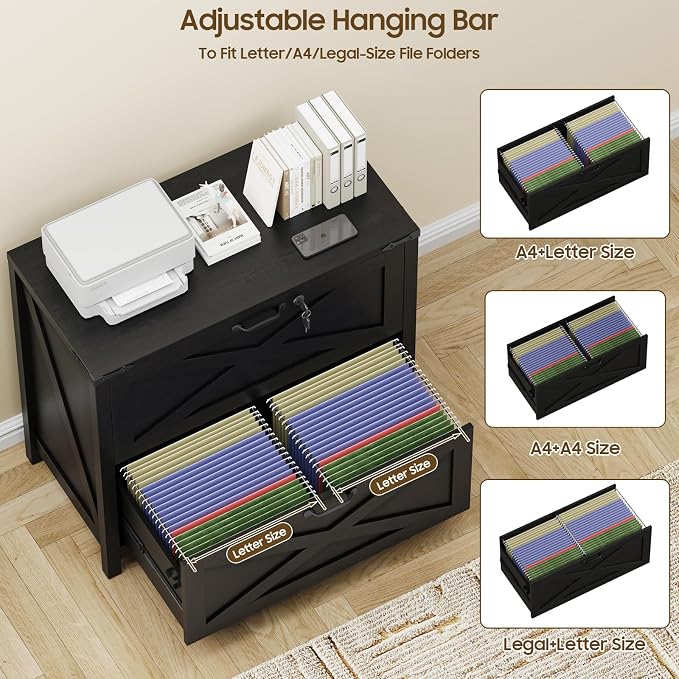 Halitaa Farmhouse Lateral File Cabinet with 2 Drawers, Rustic Black | Lateral Filing Cabinet with Lock for Letter/A4/Legal Size, Large Wood File Storage Cabinet Printer Stand for Home Office