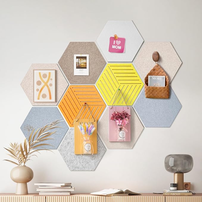 Hexagon Felt Bulletin Cork Board Tiles Peel and Stick, 10 Pack | 1300g/m² Dense Polyester Fiber, Self-adhesive, Frameless, Modern, Modular Wall Decor, 12 x 10 inch, 30 Push Pins
